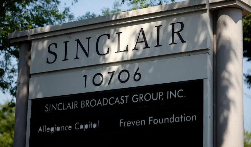 COCKEYSVILLE, MARYLAND - JULY 17: The sign for Sinclair Broadcast Group, Inc. is seen near their headquarters on July 17, 2024 in Cockeysville, Maryland. Sinclair is the second-largest television station operator in the U.S., with 193 stations across the country in over 100 markets. (Photo by Kevin Dietsch/Getty Images)