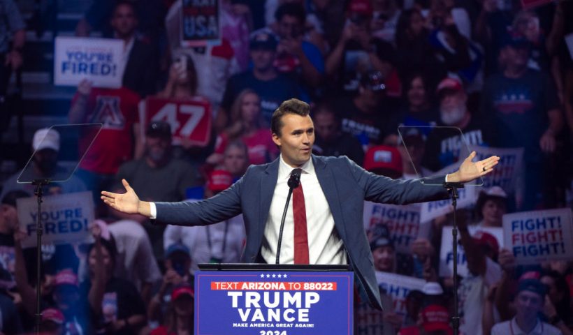 GLENDALE, ARIZONA - AUGUST 23: Turning Point USA Founder Charlie Kirk speaks during a campaign rally for Republican presidential nominee, former U.S. President Donald Trump at Desert Diamond Arena on August 23, 2024 in Glendale, Arizona. The rally, held in partnership with Turning Point PAC and Turning Point Action, comes come two weeks after Democratic presidential nominee U.S. Vice President Harris held a rally at the same location. (Photo by Rebecca Noble/Getty Images)