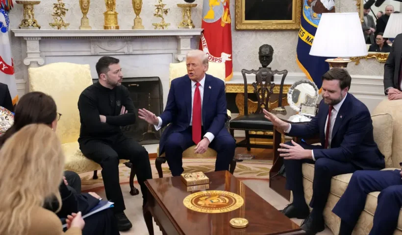 WASHINGTON, DC - FEBRUARY 28: U.S. President Donald Trump (C) and Vice President JD Vance meet with Ukrainian President Volodymyr Zelensky in the Oval Office at the White House on February 28, 2025 in Washington, DC. Trump and Zelensky are meeting today to negotiate a preliminary agreement on sharing Ukraine’s mineral resources that Trump says will allow America to recoup aid provided to Kyiv while supporting Ukraine’s economy. (Photo by Andrew Harnik/Getty Images)