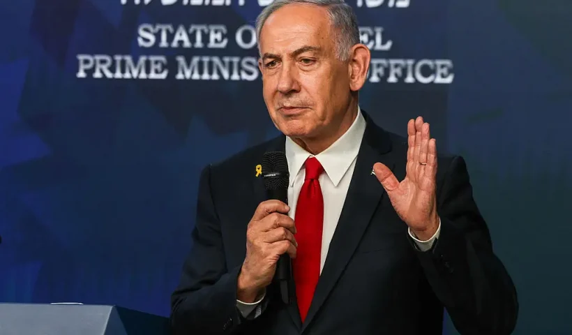 Israeli Prime Minister Benjamin Netanyahu gives a press conference in Jerusalem on May 21, 2025. Netanyahu said on May 21 that he was ready for a "temporary ceasefire" to guarantee the return of hostages held in Gaza, of whom 20 are "certainly" alive. (Photo by Ronen Zvulun / POOL / AFP) (Photo by RONEN ZVULUN/POOL/AFP via Getty Images)
