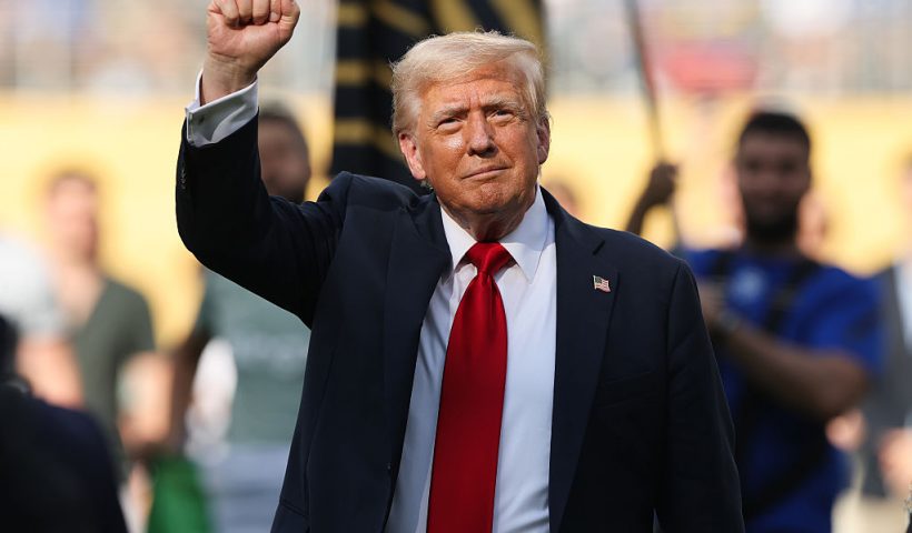 EAST RUTHERFORD, NEW JERSEY - JULY 13: U.S. President Donald Trump gestures following the FIFA Club World Cup 2025 Final match between Chelsea FC and Paris Saint-Germain at MetLife Stadium on July 13, 2025 in East Rutherford, New Jersey. (Photo by Alex Grimm/Getty Images)