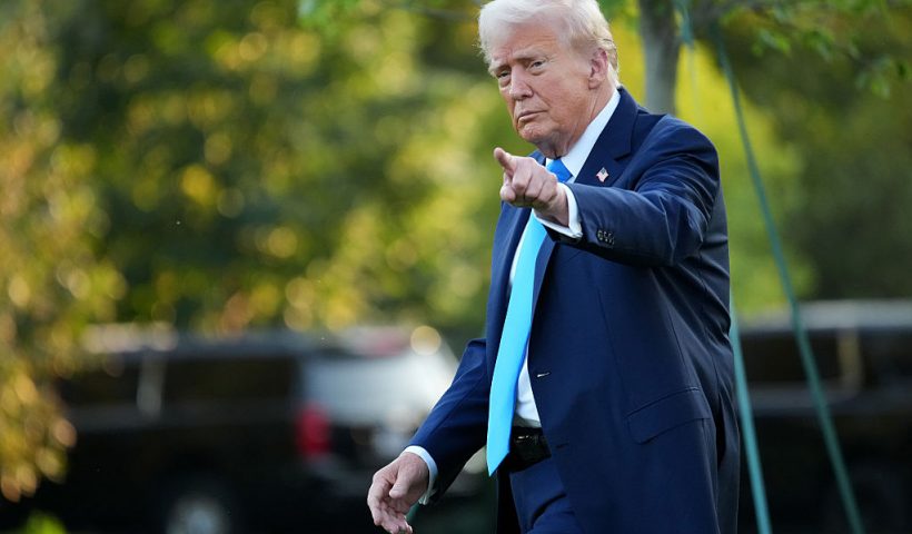WASHINGTON, DC - SEPTEMBER 22: U.S. President Donald Trump gestures as he departs the White House on September 22, 2025 in Washington, DC. President Trump is traveling to New York to attend the United Nations (UN) General Assembly. (Photo by Andrew Harnik/Getty Images)