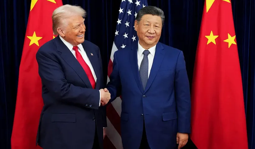 BUSAN, SOUTH KOREA - OCTOBER 30: U.S. President Donald Trump greets Chinese President Xi Jinping ahead of a bilateral meeting at Gimhae Air Base on October 30, 2025 in Busan, South Korea. Trump is meeting Xi for the first time since taking office for his second term, following months of growing tension between both countries. (Photo by Andrew Harnik/Getty Images)