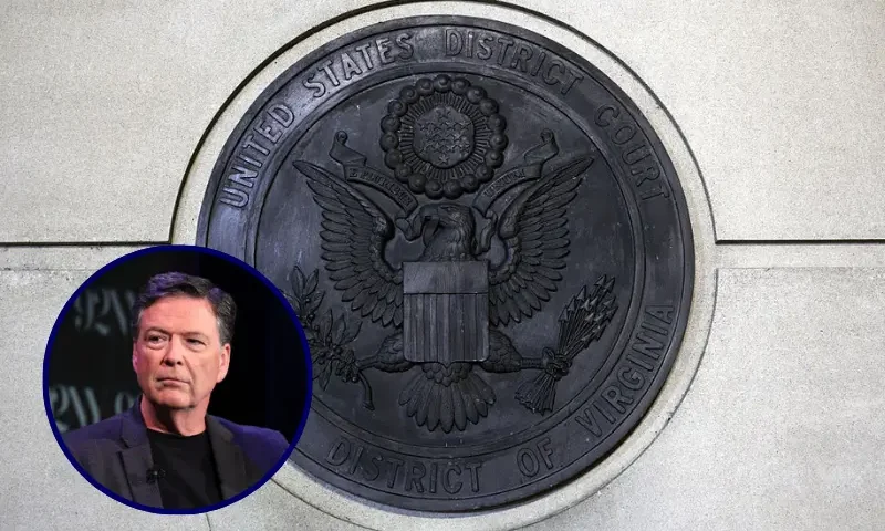 The seal of the U.S. District Court, Eastern District of Virginia is seen on the outside of the Albert V. Bryan United States Courthouse on September 25, 2025 in Alexandria, Virginia. Former FBI Director James Comey was indicted by a Virginia grand jury on charges of making a false statement and obstruction during congressional testimony in 2020. (Photo by Alex Wong/Getty Images) / Nicolle Wallace (L) interviews James Comey onstage during Former FBI Director James Comey In Conversation With MSNBC's Nicolle Wallace at 92NY on May 30, 2023 in New York City. (Photo by Dia Dipasupil/Getty Images)