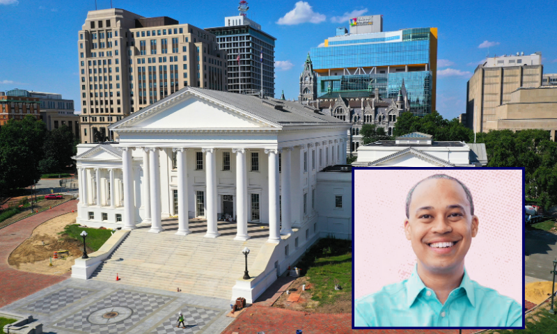 (Background) In an aerial view, the Virginia State Capitol is shown on July 12, 2023 in Richmond, Virginia. (Win McNamee/Getty Images) / (R) Jay Jones. (Photo via: dems.ag/profile/jay-jones (creative edit)