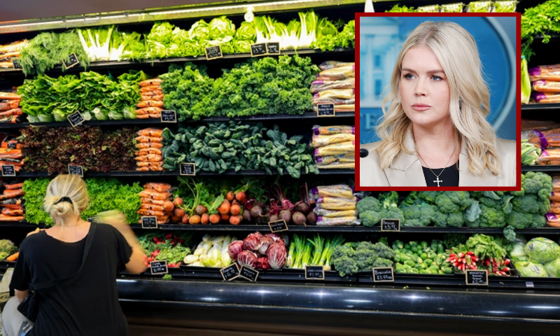 (Background) Vegetables on display in a grocery store on August 15, 2025 in Delray Beach, Florida. Wholesale prices for fresh vegetables soared by 38.9 % a record amount, last month, according to the U.S. Bureau of Labor Statistics. (Joe Raedle/Getty Images) / (R) WASHINGTON, DC - OCTOBER 03: White House Press Secretary Karoline Leavitt speaks during a press briefing in the Brady Press Briefing Room at the White House on on October 03, 2025 in Washington, DC. Leavitt spoke to reporters about a range of topics including the government shutdown and the U.S. military's recent strike on a boat off the coast of Venezuela. (Photo by Anna Moneymaker/Getty Images)