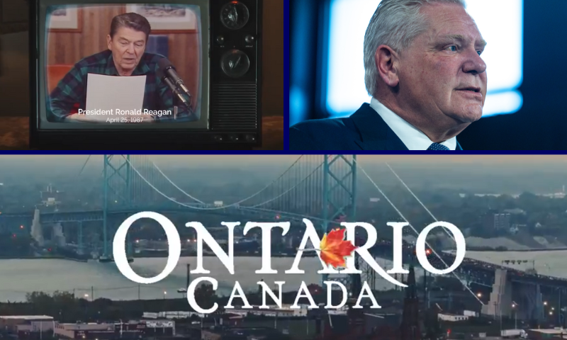 (L-Top/Bottom) Photo screenshots taken of Ontario provincial government ad. / (R) TORONTO, CANADA - MARCH 10: Ontario Premier Doug Ford gives remarks at a press conference in Queen's Park on March 10, 2025 in Toronto, Canada. Ford announced that the provincial government applied a 25 percent surcharge on all electricity exports to the United States as part of retaliatory tariff measures (Photo by Katherine KY Cheng/Getty Images)