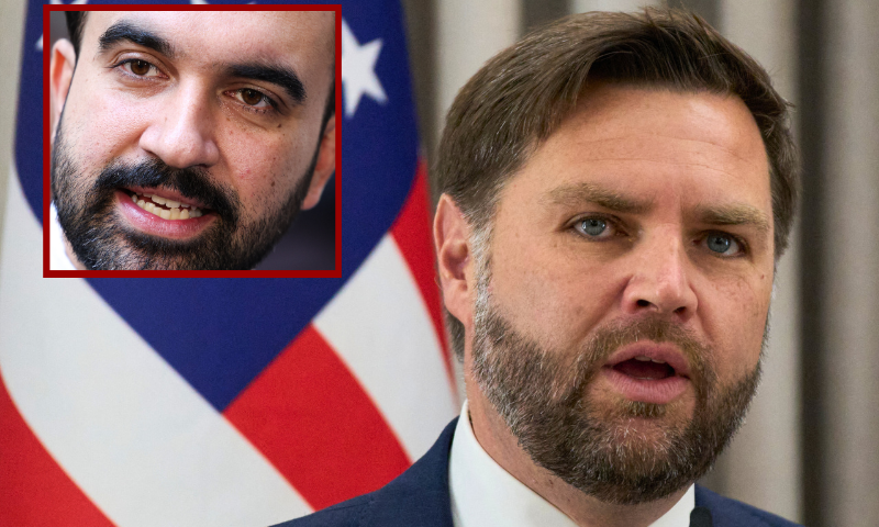 (L) US Vice President JD Vance speaks to the media during his meeting with Israeli President Isaac Herzog at the presidential residence in Jerusalem on October 22, 2025. Vance warned on October 22 of the tough task ahead in disarming Hamas and building a peaceful future for Gaza, as Washington sought to reassure its ally Israel over the next steps in its ambitious ceasefire deal. (Photo by Leo Correa / POOL / AFP) (Photo by LEO CORREA/POOL/AFP via Getty Images) / (Background) Democratic socialist candidate Zohran Mamdani speaks to the press in the Manhattan borough of New York during early voting for the upcoming mayoral election, on October 27, 2025. The city's soaring cost of living, perhaps more than any other issue, has propelled the unlikely Democratic socialist candidate Zohran Mamdani to the front of the Big Apple's mayoral race. Early voting began on October 25, and election day is November 4. (Photo by CHARLY TRIBALLEAU / AFP) (Photo by CHARLY TRIBALLEAU/AFP via Getty Images)