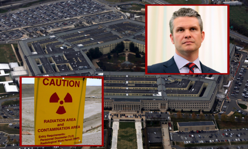 (L) The Environmental Restoration Disposal Facility is seen at the Hanford Nuclear Reservation June 30, 2005 near Richland, Washington. (Jeff T. Green/Getty Images) / (R) WASHINGTON, DC - MARCH 21: U.S. Secretary of Defense Peter Hegseth listens as U.S. President Donald Trump delivers remarks in the Oval Office of the White House on March 21, 2025 in Washington, DC. Trump announced the Next Generation of Air Dominance (NGDA) program, the F-47, the sixth-generation high-tech Air Force fighter to succeed the F-22 Raptor. (Photo by Anna Moneymaker/Getty Images) / (Background) WASHINGTON, DC - MARCH 21: U.S. Secretary of Defense Peter Hegseth listens as U.S. President Donald Trump delivers remarks in the Oval Office of the White House on March 21, 2025 in Washington, DC. Trump announced the Next Generation of Air Dominance (NGDA) program, the F-47, the sixth-generation high-tech Air Force fighter to succeed the F-22 Raptor. (Photo by Anna Moneymaker/Getty Images)