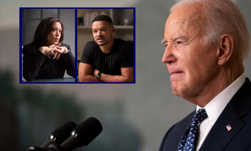 (Background) U.S. President Joe Biden delivers remarks on February 8, 2024 in Washington, DC. (Nathan Howard/Getty Images) / (L) Photo screenshots taken via: Kamala Harris: America Is At Breaking Point & I'm Deeply Concerned About The State Of The Country! podcast episode.