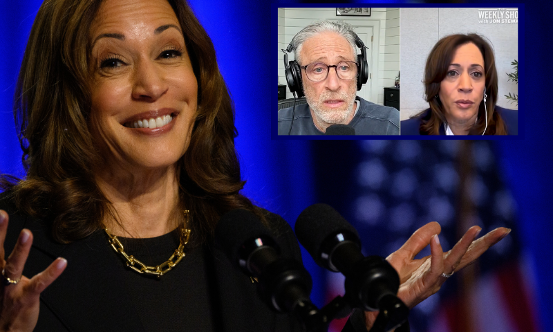 (Background) US Vice President and Democratic nominee for President Kamala Harris speaks on September 25, 2024 in Pittsburgh, Pennsylvania. (Jeff Swensen/Getty Images) / (R) Photo screenshot taken from the Weekly Show with Jon Stewart -- "VP Kamala Harris on Defeat, Democrats & the Fight Ahead."