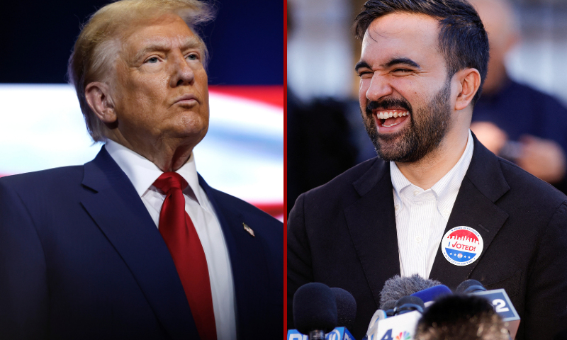 (R) Democratic New York City mayoral candidate Zohran Mamdani speaks to the press after voting at a polling location at Frank Sinatra School of Arts in the Queens borough of New York City on November 4, 2025. New Yorkers will pick a new mayor on November 4 after an unpredictable race that has drawn attention from far beyond the largest city in the United States, with President Donald Trump branding frontrunner Zohran Mamdani "a communist." Breakout Democratic Party candidate Mamdani, a naturalized Muslim American who represents Queens in the state legislature, leads former governor and sex assault-accused Andrew Cuomo, running as an independent after losing his party's primary contest to Mamdani. (Photo by Leonardo Munoz / AFP) (Photo by LEONARDO MUNOZ/AFP via Getty Images) / (L) ZEBULON, GEORGIA - OCTOBER 23: Republican presidential nominee, former U.S. President Donald Trump looks on during a roundtable with faith leaders at Christ Chapel on October 23, 2024 in Zebulon, Georgia. Trump is campaigning across Georgia today as he and Democratic presidential nominee, U.S. Vice President Kamala Harris attempt to win over swing state voters. (Photo by Anna Moneymaker/Getty Images)