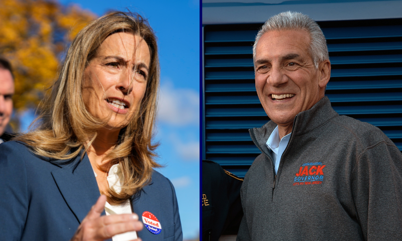 (L) MONTCLAIR, NEW JERSEY - NOVEMBER 4: New Jersey Democratic gubernatorial candidate, U.S. Rep. Mikie Sherrill (D-NJ), speaks to the media after casting her vote on November 4, 2025 in Montclair, New Jersey. Sherrill faces off against Republican gubernatorial candidate Jack Ciattarelli, in a tightly contested race for New Jersey governor. (Photo by Eduardo Munoz Alvarez/Getty Images) /(R) WESTFIELD, NEW JERSEY - NOVEMBER 01: Jack Ciattarelli, Republican candidate for Governor of New Jersey, shakes hands with a police officer during an event on November 1, 2025 in Fairfield, New Jersey. Ciattarelli will face off against Democrat Rep. Mikie Sherrill (D-NJ) in a tightly contested race for New Jersey governor on November 4th. (Photo by Andres Kudacki/Getty Images)