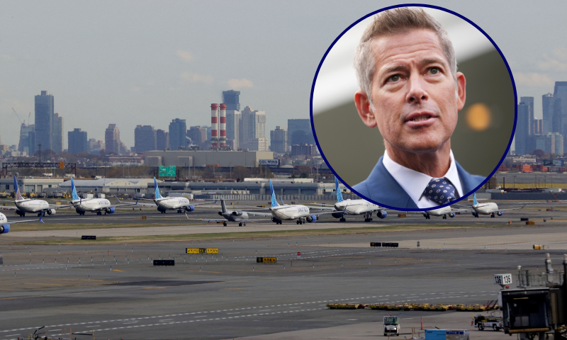 (R) U.S. Transportation Secretary Sean Duffy and U.S. Vice President JD Vance speak to reporters outside the White House on October 30, 2025 in Washington, D.C. Vance spoke following a roundtable discussion with members of the aviation industry and Transportation Secretary Sean Duffy on the impacts of the government shutdown. (Photo by Kevin Dietsch/Getty Images) / (Background) With the New York City skyline in the background, United Airlines flights are lined up for takeoff at Newark Liberty International Airport in Newark, New Jersey, on November 7, 2025. Hundreds of flights were canceled across the United States on Friday after the Trump administration ordered reductions to ease strain on air traffic controllers who are working without pay amid congressional paralysis on funding the US budget. Forty airports were due to slow down, including the giant hubs in Atlanta, Newark, Denver, Chicago, Houston and Los Angeles. (Photo by TIMOTHY A. CLARY / AFP) (Photo by TIMOTHY A. CLARY/AFP via Getty Images)