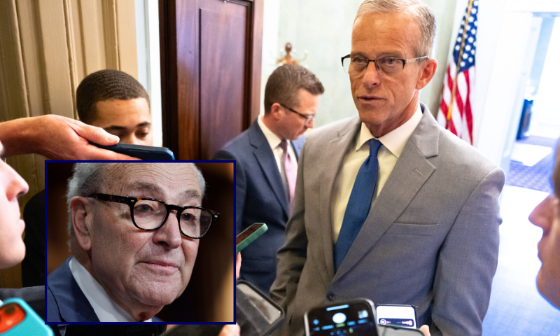 (L) WASHINGTON, DC - NOVEMBER 5: Senate Minority Leader Chuck Schumer (D-N.Y.) speaks to reporters during a news conference on November 5, 2025 on Capitol Hill in Washington, DC. The record for longest shutdown in the U.S. Government was broken Wednesday as it entered its 36th day. (Photo by Tom Brenner/Getty Images) / (Background) US Senate Majority Leader John Thune, Republican of South Dakota, speaks to reporters on day 37 of the government shutdown, at the US Capitol in Washington, DC, November 6, 2025. US officials said the scheduled capacity for flights would be cut by 10 percent in 40 busy air traffic areas nationwide starting on November 7 as the longest government shutdown drags on. Federal agencies have been grinding to a halt since Congress failed to approve funding past September 30, with some 1.4 million federal workers, from air traffic controllers to park wardens, still on enforced leave or working without pay. (Photo by SAUL LOEB / AFP) (Photo by SAUL LOEB/AFP via Getty Images)