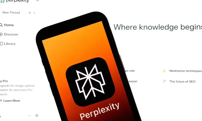 The Perplexity website and logo are shown in this photo, in New York, Friday, July 5, 2024. (AP Photo/Richard Drew, File)