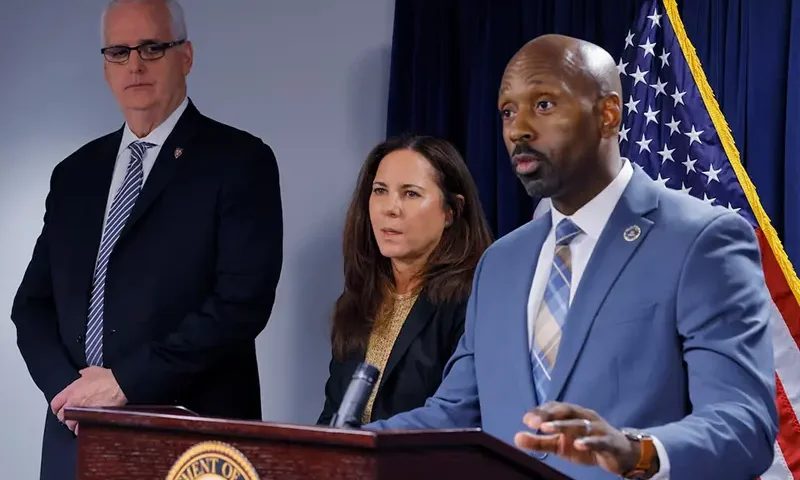 Ted Docks, Special Agent in Charge Federal Bureau of Investigation Boston Division, speaks to reporters during an announcement of the arrest of two people in the November 1, 2025 explosions at Harvard University’s Medical School campus, along with Denis Downing, Interim Chief of the Harvard University Police Department, and Leah Foley, United States Attorney for the District of Massachusetts, at the federal courthouse in Boston, Massachusetts, U.S., November 4, 2025. REUTERS/Brian Snyder