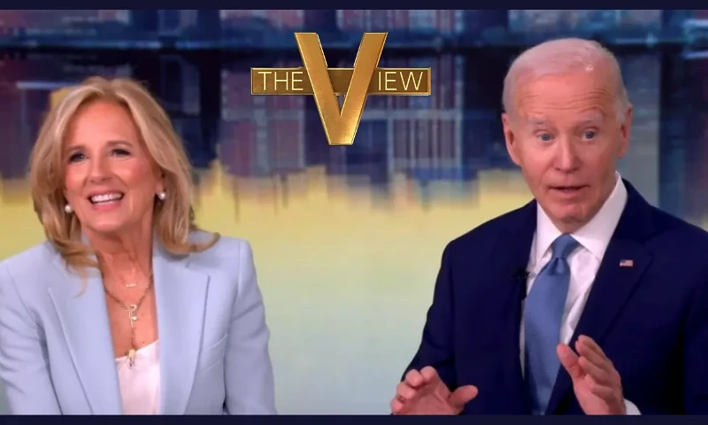 (Background) Screenshot from "The View" - Thursday airing with Joe and Jill Biden. (Photo via: ABC scene screenshot.) / (TOP) The View official logo