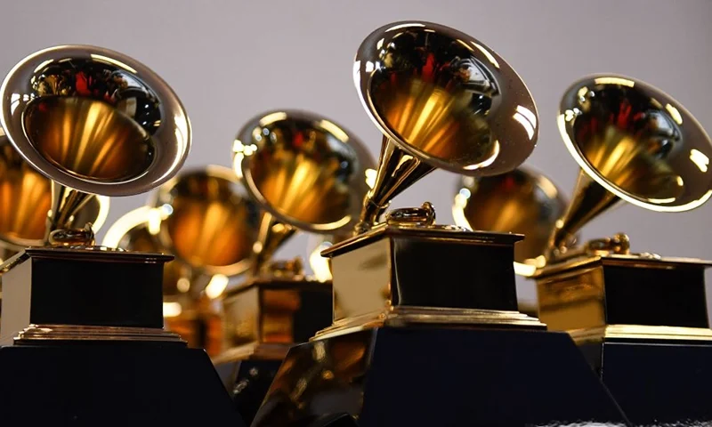 Grammy Award trophies are seen in the press room during the 64th Annual Grammy Awards at the MGM Grand Garden Arena in Las Vegas on April 3, 2022. (Photo by Patrick T. FALLON / AFP) (Photo by PATRICK T. FALLON/AFP via Getty Images)