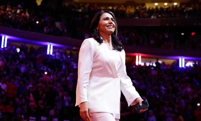 NEW YORK, NEW YORK - OCTOBER 27: Former U.S. Representative from Hawaii Tulsi Gabbard arrives to speak before Republican presidential nominee, former U.S. President Donald Trump takes the stage at the campaign rally at Madison Square Garden on October 27, 2024 in New York City. Trump closed out his weekend of campaigning in New York City with a guest list of speakers that includes his running mate Republican vice presidential nominee, U.S. Sen. J.D. Vance (R-OH), Tesla CEO Elon Musk, UFC CEO Dana White, and House Speaker Mike Johnson (R-LA), among others, nine days before Election Day. (Photo by Anna Moneymaker/Getty Images)
