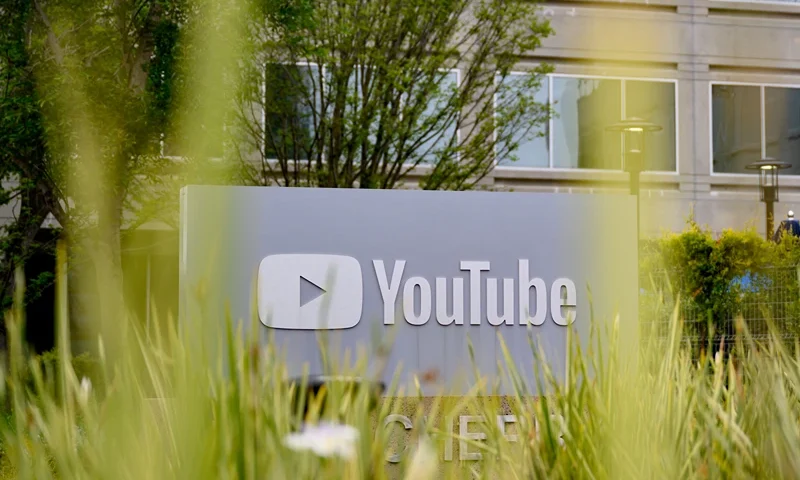 The YouTube logo is seen outside the company's corporate headquarters in San Bruno, California, on April 23, 2025. YouTube turned 20 years old and is on track to become the biggest media company by revenue at $550 billion. (Photo by JOSH EDELSON / AFP) (Photo by JOSH EDELSON/AFP via Getty Images)