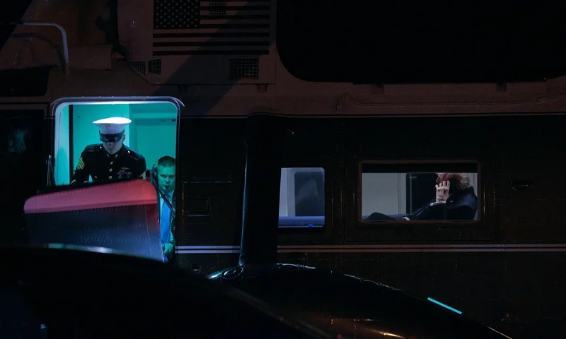 LEESBURG, VIRGINIA - APRIL 24: U.S. President Donald Trump talks on the phone as he waits onboard Marine One to depart the Leesburg Executive Airport after visiting the Trump National Golf Club Washington DC on April 24, 2025 in Leesburg, Virginia. Trump attended a private dinner for 220 people who have purchased the most $TRUMP, a cryptocurrency that he launched three days before taking office in January. (Photo by Chip Somodevilla/Getty Images)