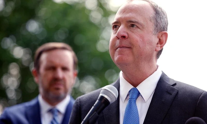 WASHINGTON, DC - APRIL 30: U.S. Sen. Adam Schiff (D-CA), joined by Sen. Chris Murphy (D-CT), speaks at a press conference introducing the Assault Weapons Ban of 2025 on April 30, 2025 in Washington, DC. The legislation would ban the manufacture and sale of assault weapons at the state level to help prevent future mass shootings. (Photo by Kevin Dietsch/Getty Images)