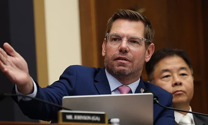 WASHINGTON, DC - SEPTEMBER 17: U.S. Rep. Eric Swalwell (D-CA) speaks during a House Judiciary Committee hearing with Federal Bureau of Investigation Director Kash Patel in the Rayburn House Office Building on September 17, 2025 in Washington, DC. Patel is facing questions from lawmakers for the second straight day following a contentious hearing before the Senate Judiciary Committee where he was criticized for his handling of investigations into the assassination of political activist Charlie Kirk and the case related to convicted sex offender Jeffrey Epstein. (Photo by Win McNamee/Getty Images)