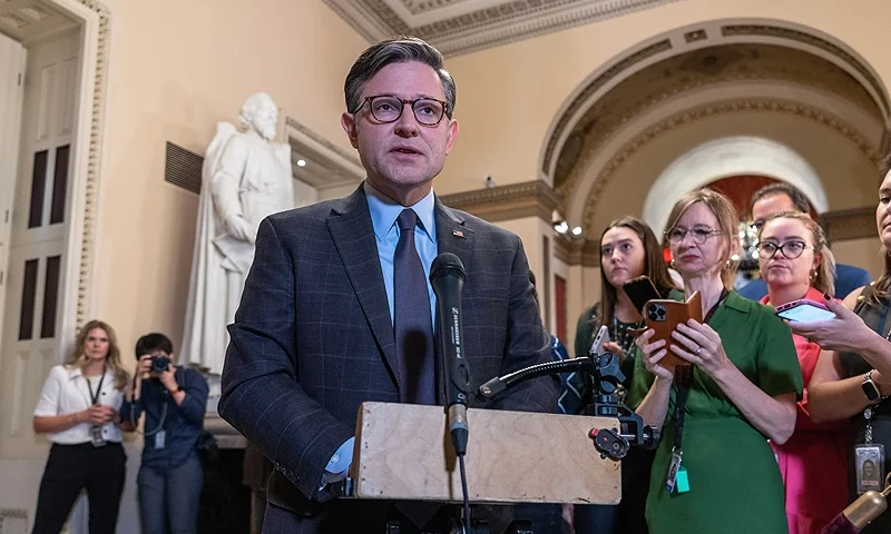 U.S. Speaker of the House Mike Johnson (R-LA) speaks to the media after walking off the House floor at the US Capitol. (Photo by Tasos Katopodis/Getty Images)