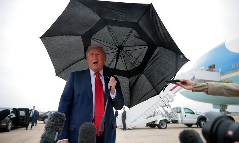 JOINT BASE ANDREWS, MARYLAND - OCTOBER 12: U.S. President Donald Trump speaks to the press before boarding Air Force One for a trip to the Middle East on October 12, 2025 at Joint Base Andrews, Maryland. President Trump will address the Israeli Knesset in Jerusalem on Monday, followed by a "Gaza Peace Summit" in Sharm El-Sheikh, Egypt, after helping broker a ceasefire between Israel and Hamas. (Photo by Chip Somodevilla/Getty Images)