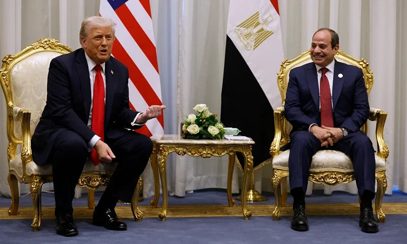 SHARM EL-SHEIKH, EGYPT - OCTOBER 13: U.S. President Donald Trump speaks to the press as he meets with President of Egypt Abdel Fattah El-Sisi on October 13, 2025 in Sharm El-Sheikh, Egypt. President Trump is in Egypt to meet with European and Middle Eastern leaders in what’s being billed as an international peace summit, following the start of a US-brokered ceasefire deal to end the war in the Gaza Strip. (Photo by Chip Somodevilla/Getty Images)