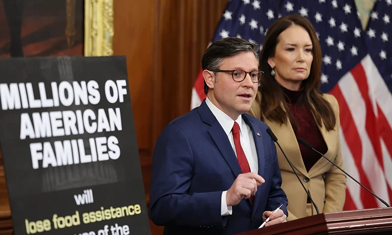 WASHINGTON, DC - OCTOBER 31: U.S. Speaker of the House Mike Johnson (R-LA) speaks alongside U.S. Agriculture Secretary Brooke Rollins during a news conference on Capitol Hill on October 31, 2025 in Washington, DC. The House Speaker's office held the news conference on the 31st day of the government shutdown to discuss food stamp programs running out of funding. (Photo by Anna Moneymaker/Getty Images)