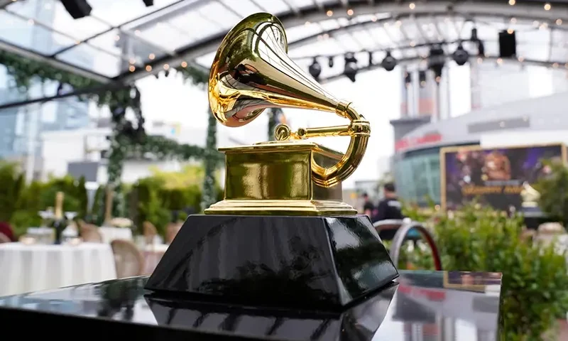 A decorative Grammy Award is displayed before the start of the 63rd annual Grammy Awards in Los Angeles on March 14, 2021. (AP Photo/Chris Pizzello, File)
