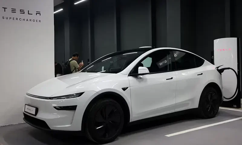A Tesla Model Y is parked at a charging station in New Delhi, India, August 11, 2025. REUTERS/Bhawika Chhabra