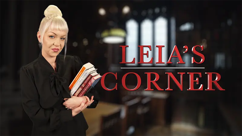 Image of Leia Gadow on the left holding a stack of books and the text "Leia's Corner" on the left.