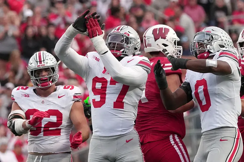 Ohio State’s Kenyatta Jackson Jr. reacts after sacking Wisconsin quarterback Danny O’Neil during the second half of an NCAA college football game Saturday, Oct. 18, 2025, in Madison, Wis. (AP Photo/Morry Gash)
