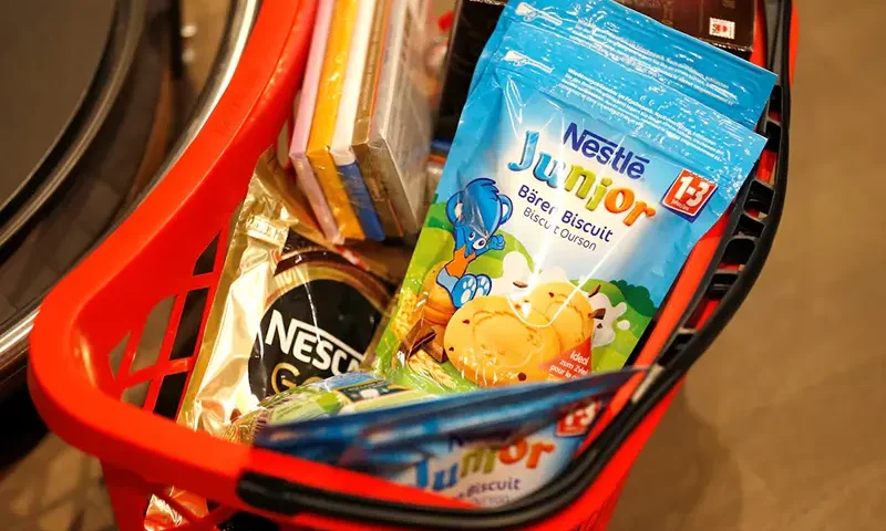 Shopping bag with Nestle products is pictured in the supermarket of Nestle headquarters in Vevey, Switzerland, February 13, 2020. REUTERS/Pierre Albouy