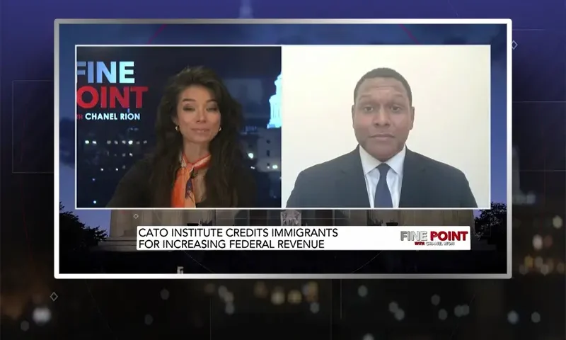 Video still from Fine Point on One America News Network showing a split screen of the host on the left side, and on the right side is the guest, Stephen Rowe.