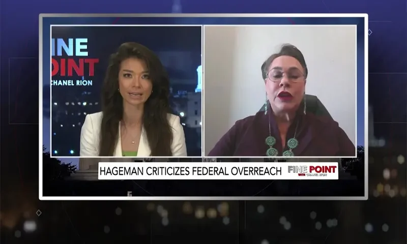 Video still from Fine Point on One America News Network showing a split screen of the host on the left side, and on the right side is the guest, Harriet Hageman.