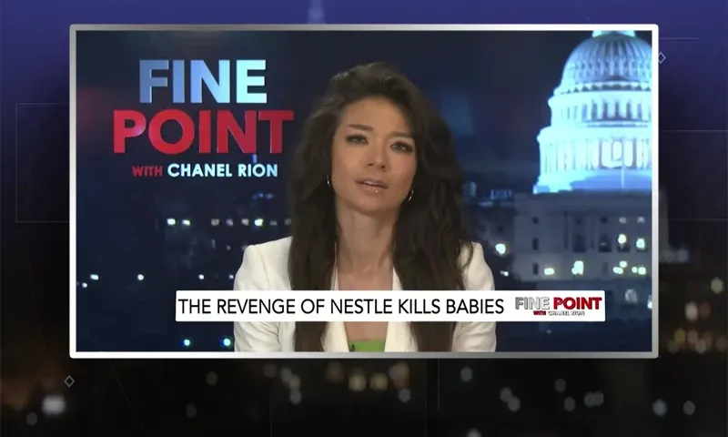 Video still of the host of Fine Point at the desk of their talk show on One America News Network.