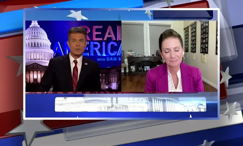 Video still from Real America on One America News Network showing a split screen of the host on the left side, and on the right side is the guest, Melissa Melendez.