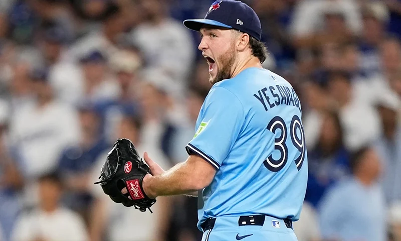 Toronto Blue Jays pitcher Trey Yesavage celebrates the end on the seventh inning in Game 5 of baseball’s World Series against the Los Angeles Dodgers, Wednesday, Oct. 29, 2025, in Los Angeles. (AP Photo/Brynn Anderson)